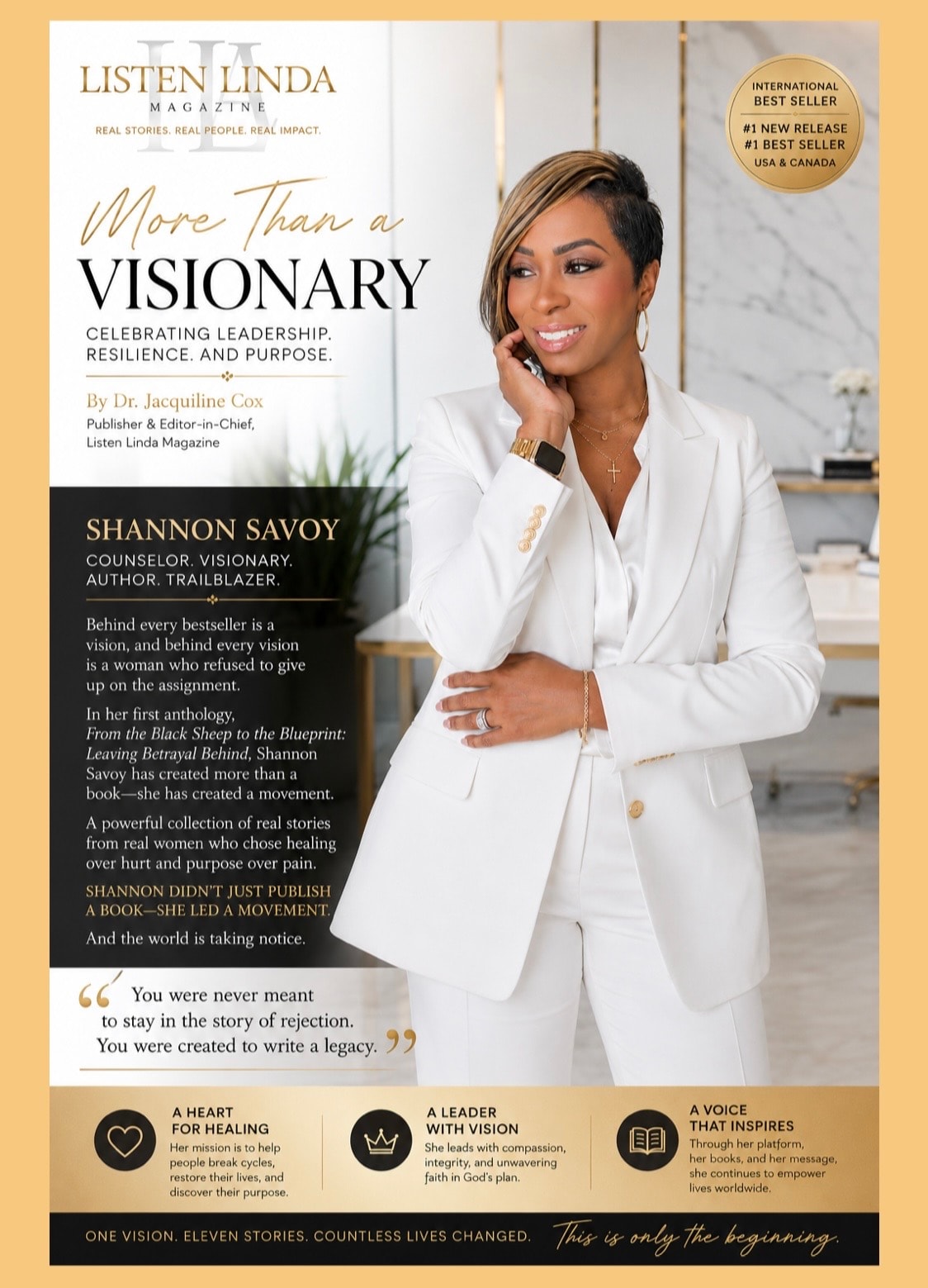 Listen Linda Magazine feature spread — More Than a Visionary, Shannon Savoy