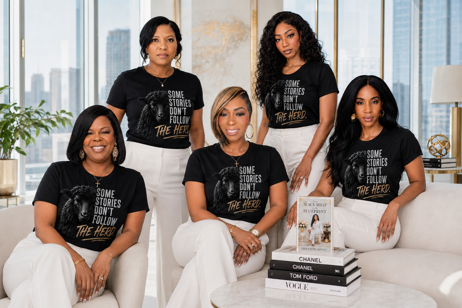 Authors wearing Some Stories Don't Follow the Herd t-shirts with the book